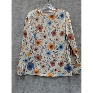 Cottagecore Floral Long Sleeve Shirt Womens Large Cream Botanical Print Tee